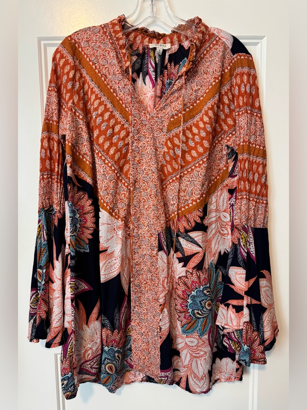 Umgee Boho Floral Tunic Blouse Small Bell Sleeve Peasant Top Orange Navy